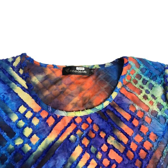 Creation Top Womens M Rainbow Tie Dye Burnout Textured Pocket Tunic Boho Artsy - Picture 5 of 16